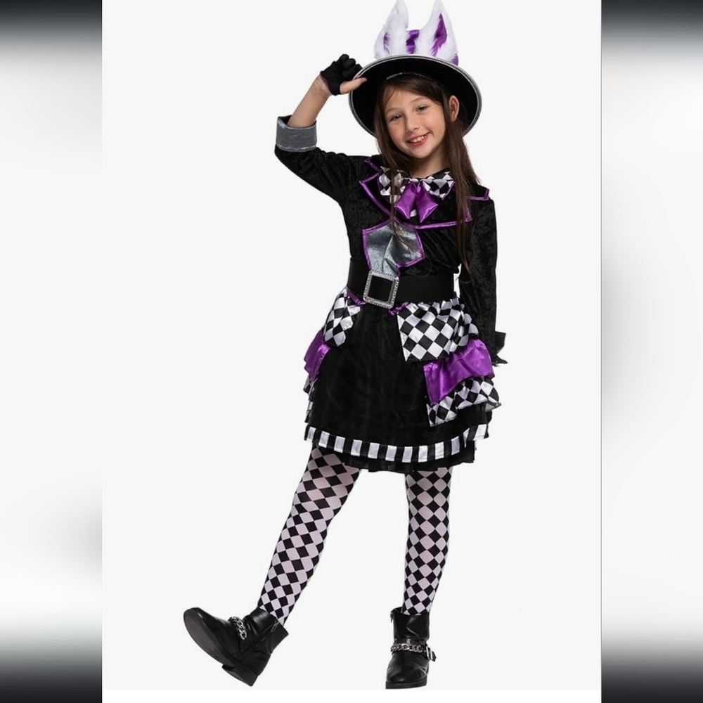 Kids Mad Hatter Costume Deluxe Alice Wonderland Dress Outfit L 10-12 Set